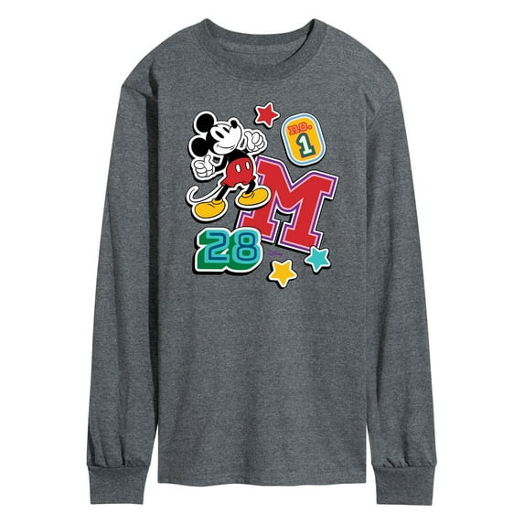 Disney - Mickey Mouse - Stitched Collegiate Patches - Men's Long Sleeve T-Shirt