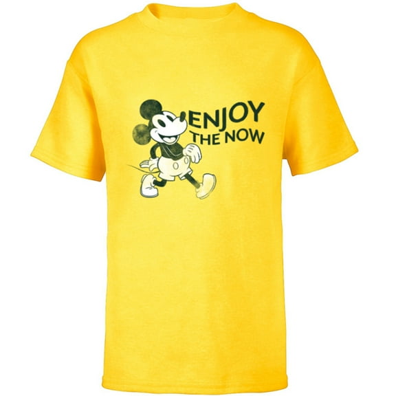 Disney Mickey Mouse Striding Retro Distressed Enjoy The Now - Short Sleeve T-Shirt for Kids - Customized-Yellow