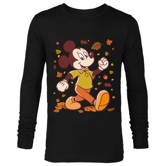 Disney Mickey Mouse Strolling Through Autumn Leaves Fall - Long Sleeve T-Shirt for Men - Customized-Black