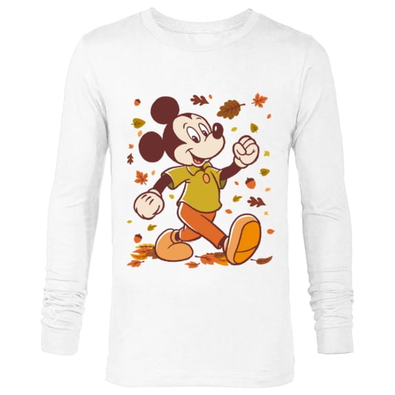 Disney Mickey Mouse Strolling Through Autumn Leaves Fall - Long Sleeve T-Shirt for Men - Customized-White