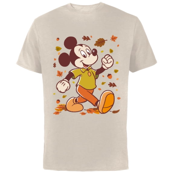 Disney Mickey Mouse Strolling Through Autumn Leaves Fall - Short Sleeve Cotton T-Shirt for Adults - Customized-Natural