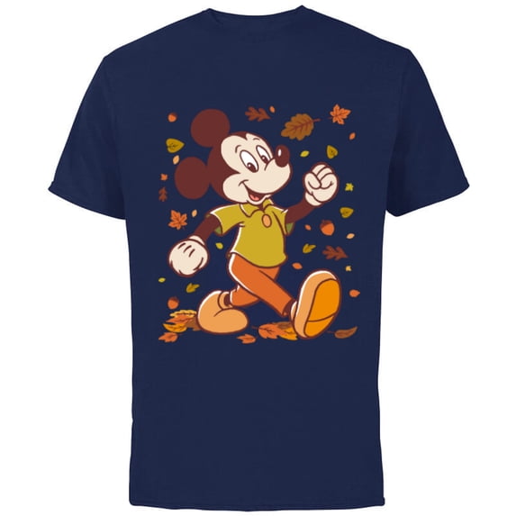 Disney Mickey Mouse Strolling Through Autumn Leaves Fall - Short Sleeve Cotton T-Shirt for Adults - Customized-Navy