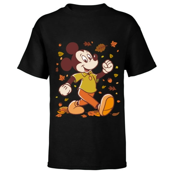 Disney Mickey Mouse Strolling Through Autumn Leaves Fall - Short Sleeve T-Shirt for Kids - Customized-Black