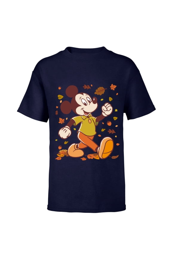 Mickey Mouse Strolling Through Autumn Leaves Fall - Short Sleeve T-Shirt for Kids - Customized-Navy