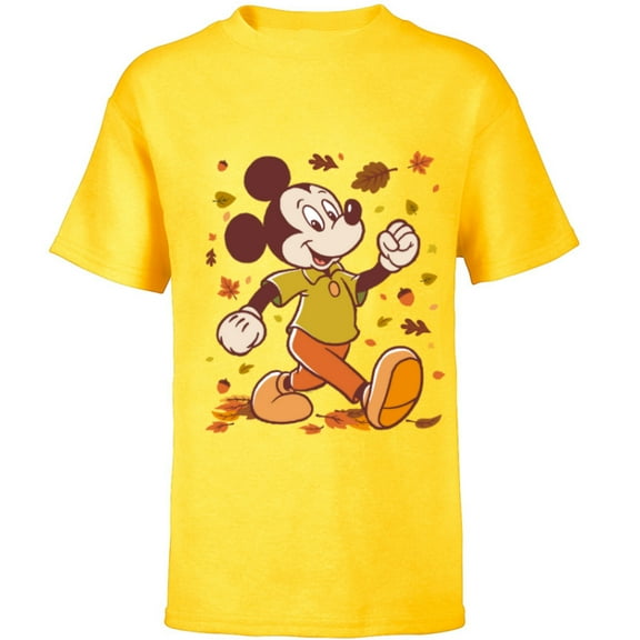 Disney Mickey Mouse Strolling Through Autumn Leaves Fall - Short Sleeve T-Shirt for Kids - Customized-Yellow