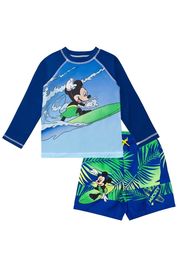 Mickey Mouse Toddler Boys' Swimwear 2-Piece Rash Guard and Swim Trunks Set Mickey Tropical Navy