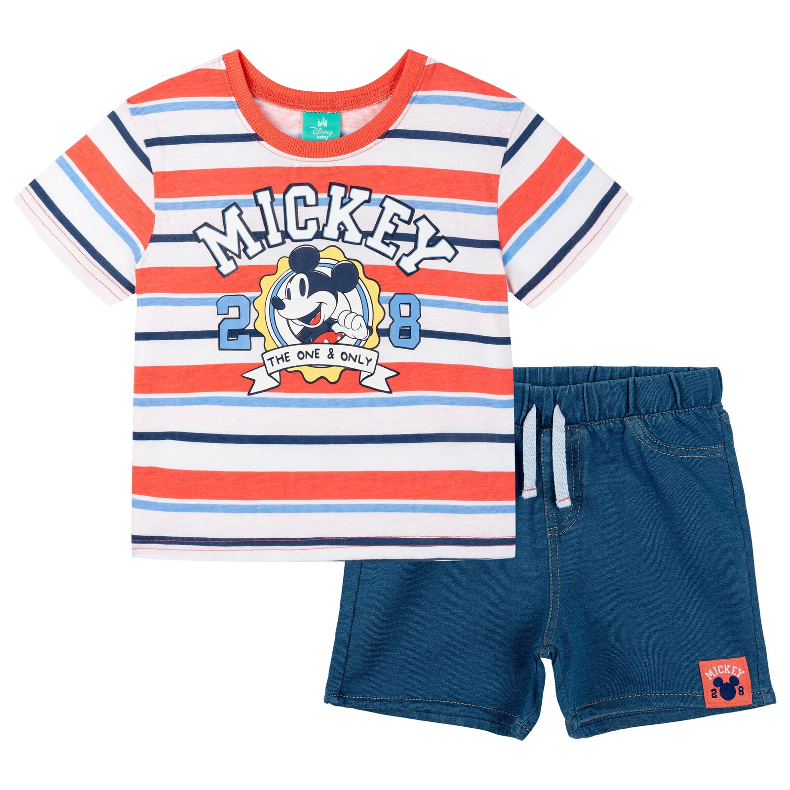 Disney Mickey Mouse Baby Boys' French Terry 2-Piece T-Shirt and Shorts Set Mickey Navy Stripe