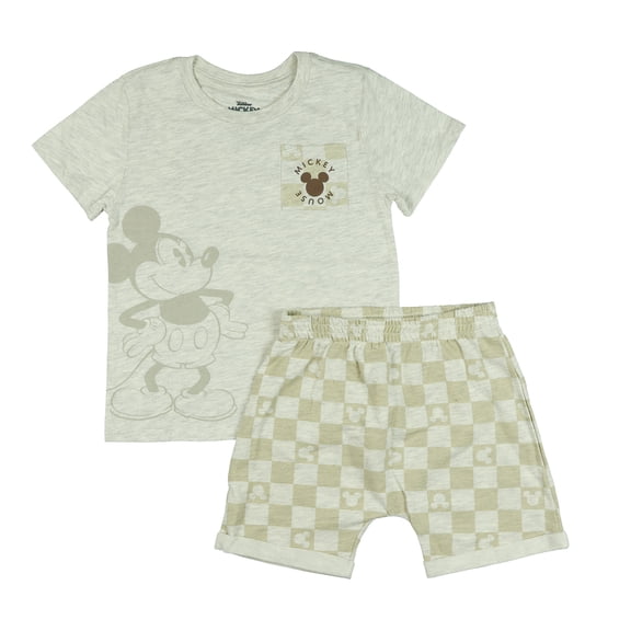 Disney Mickey Mouse Toddler Boy's 2-Piece Short-Sleeve Patch Pocket T-Shirt and Checkered Short Set