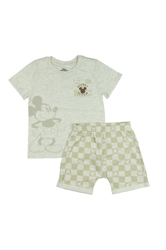 Disney Mickey Mouse Toddler Boy's 2-Piece Short-Sleeve Patch Pocket T-Shirt and Checkered Short Set
