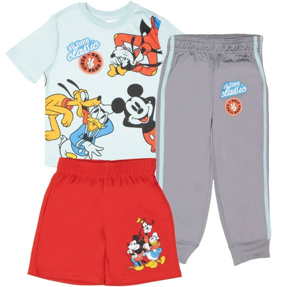 Disney Mickey Mouse Toddler Boy's 3-Piece Jogger Set - Mickey Mouse, Goofy, Donald Duck, Pluto - Short Sleeve Graphic T-Shirt, Shorts, and Sweatpants Bundle for Kids (Size 2T-4T)