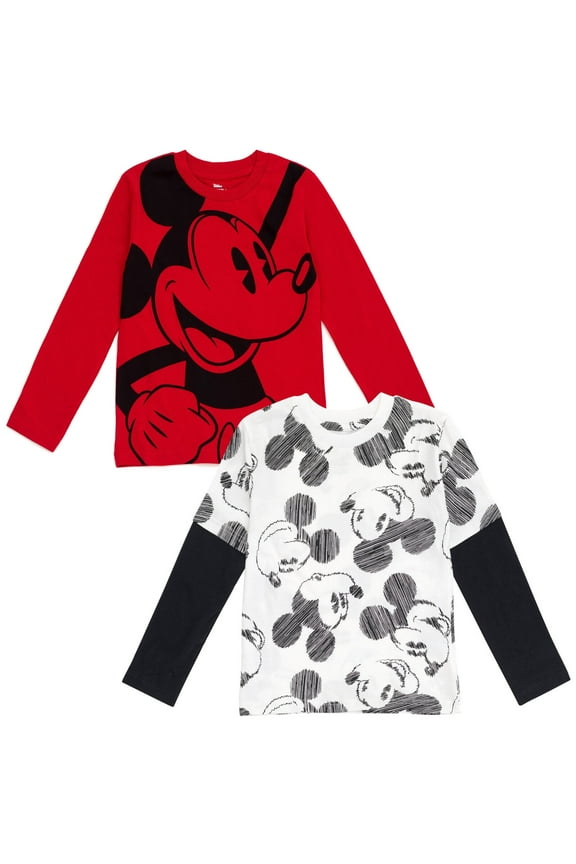 Mickey Mouse Toddler Boys 2 Pack Hangdown Long Sleeve T-Shirts Brown / White 4T