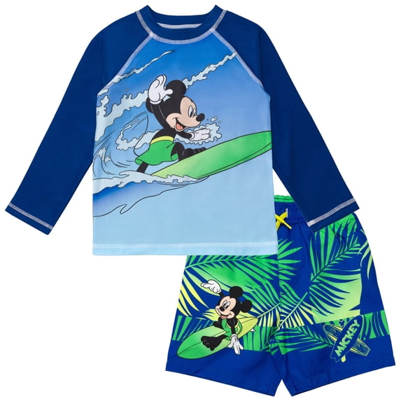 Disney Mickey Mouse Toddler Boys' 2-Piece Swimwear Rash Guard and Swim Trunks Set Surf Navy