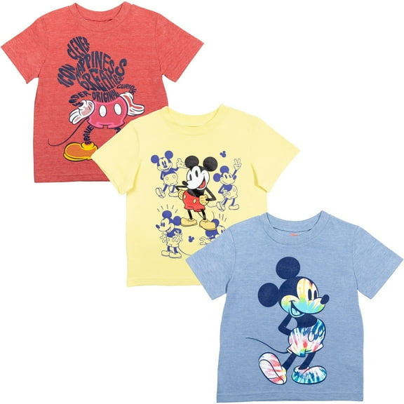 Disney Mickey Mouse Toddler Boys 3 Pack Pullover Graphic T-Shirts Yellow/Red/Blue 2T