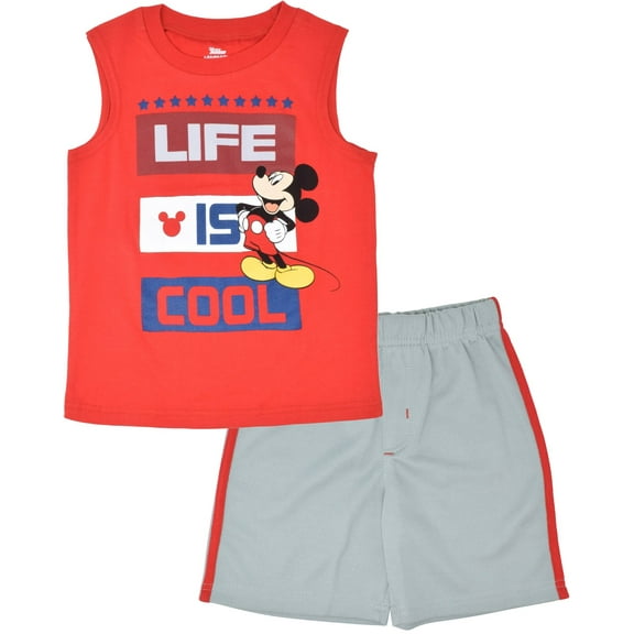 Disney Mickey Mouse Toddler Boys American Flag Tank Top Mesh Shorts Red/Gray 3T