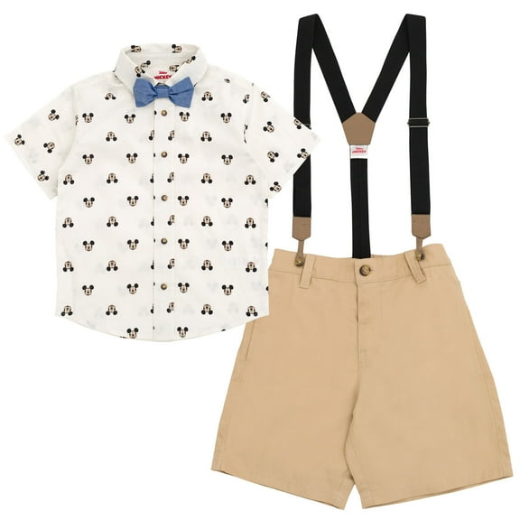 Disney Mickey Mouse Toddler Boys Button Down Shirt Twill Shorts Suspenders and Bow-Tie 4 Piece Outfit Set 3T