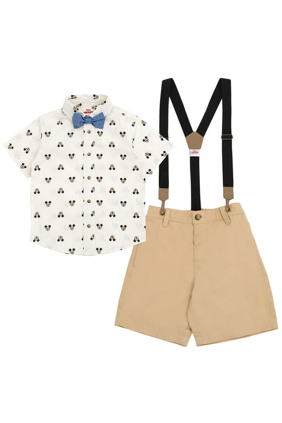 Mickey Mouse Toddler Boys Button Down Shirt Twill Shorts Suspenders and Bow-Tie 4 Piece Outfit Set 3T