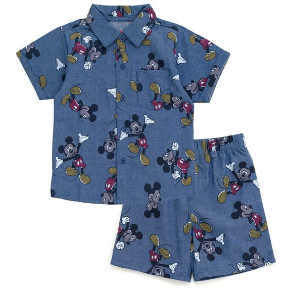 Disney Mickey Mouse Toddler Boys Chambray Hawaiian Button Down Shirt and Shorts Outfit Set Blue 2T