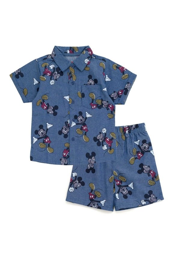 Mickey Mouse Toddler Boys Chambray Hawaiian Button Down Shirt and Shorts Outfit Set Blue 2T
