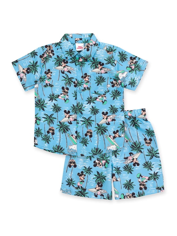 Mickey Mouse Toddler Boys Hawaiian Button Down Shirt and Shorts Blue 2T