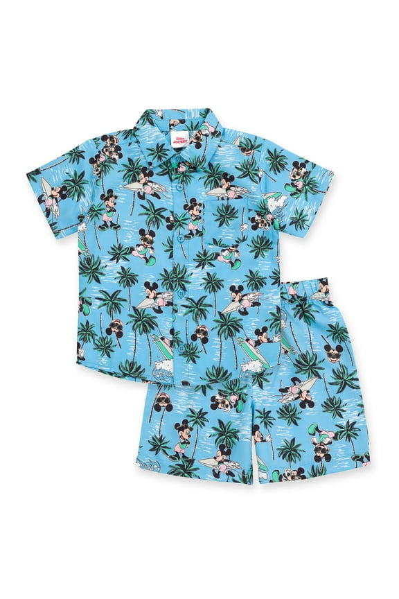 Mickey Mouse Toddler Boys Hawaiian Button Down Shirt and Shorts Blue 2T