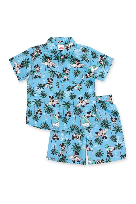 Mickey Mouse Toddler Boys Hawaiian Button Down Shirt and Shorts Blue 4T