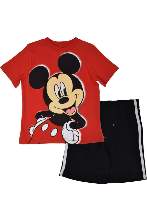 Mickey Mouse Toddler Boys Pullover Graphic T-Shirt & Mesh Shorts Red-Black 2T