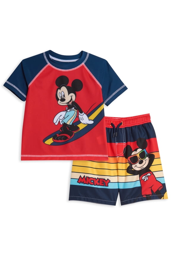 Mickey Mouse Toddler Boys Rash Guard and Swim Trunks Outfit Set Red 4T