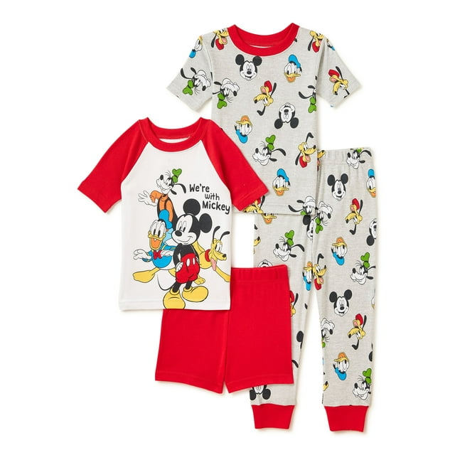 Disney Mickey Mouse Toddler Boys Snug Fit Cotton Short Sleeve T-Shirt & Pants, 4-Piece Pajama Set, Sizes 2T-5T
