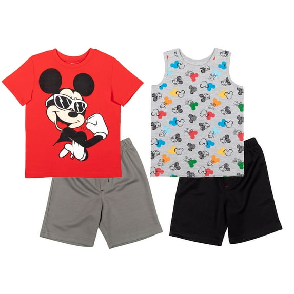 Disney Mickey Mouse Toddler Boys T-Shirt Tank Top and Mesh Shorts 4 Piece Outfit Set Infant to Little Kid