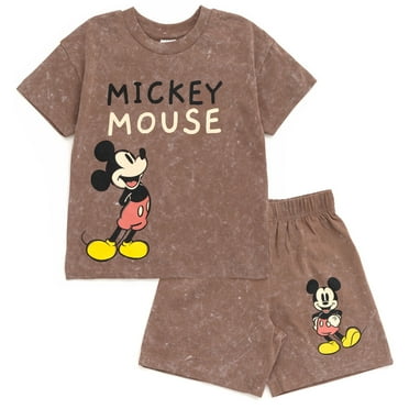 Disney Mickey Mouse Toddler Boys Vintage Wash Drop Shoulder T-Shirt and Shorts Outfit Set Brown 3T