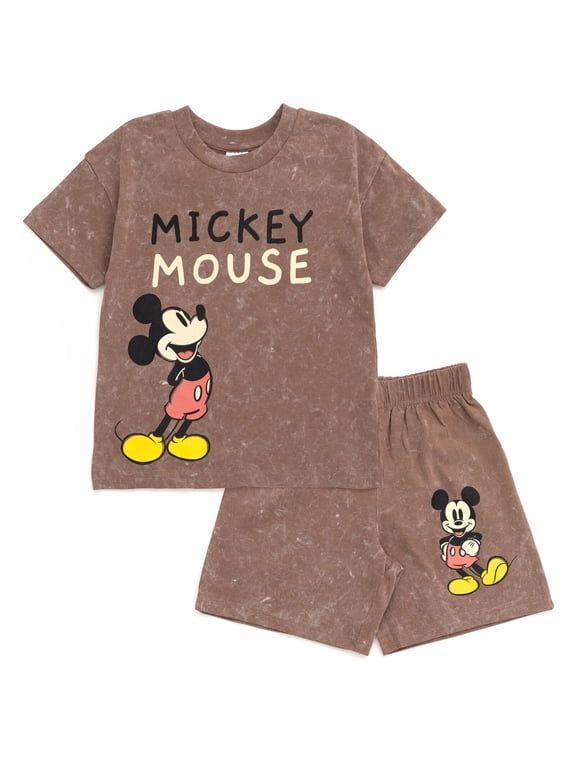 Mickey Mouse Toddler Boys Vintage Wash Drop Shoulder T-Shirt and Shorts Outfit Set Brown 3T