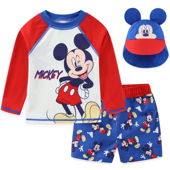 Disney Mickey Mouse UPF 50+ Rash Guard, Swim Trunks and Hat Swimsuit Set (Boys), 3 Piece Set, Sizes 12M-24M