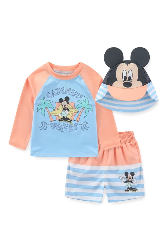 Mickey Mouse UPF 50+ Rash Guard Swim Trunks and Sun Hat with Ears Bathing Suit Set (Baby Boys), 3 Piece Set, Sizes 3M-24M
