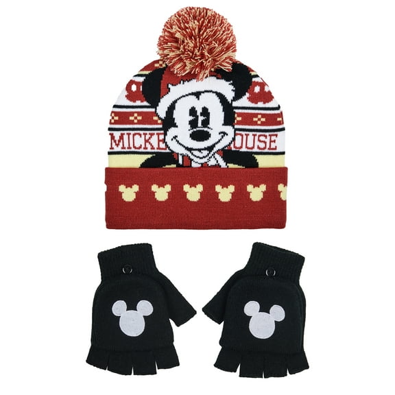 Disney Mickey Mouse Unisex Pom Beanie Winter Glove 2-Piece Set, Red