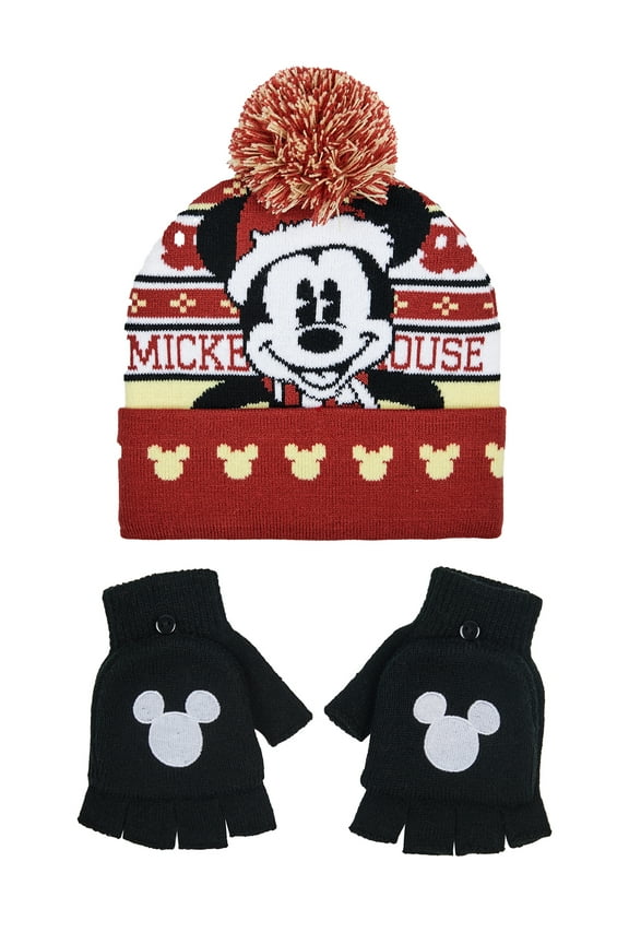 Mickey Mouse Unisex Pom Beanie Winter Glove 2-Piece Set, Red