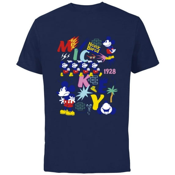 Disney Mickey Mouse Vintage Never Bored - Short Sleeve Cotton T-Shirt for Adults - Customized-Navy