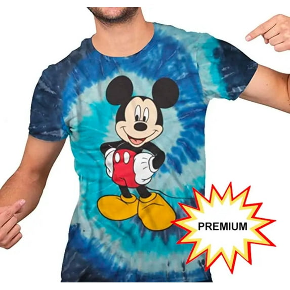 Disney Mickey Mouse Wash Tie Dye T-Shirt for Men Adult Graphic Tshirt Men's Tee Gift Merch Women Apparel Clothes Stuff Novelty Vintage (Premium Multi-Blue Spiral Wash, Large)