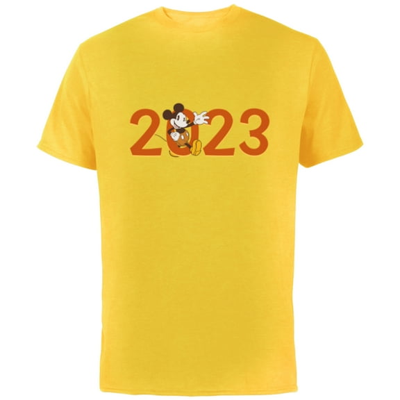 Disney Mickey Mouse Waving 2023 100th Anniversary New Year - Short Sleeve Cotton T-Shirt for Adults - Customized-Yellow