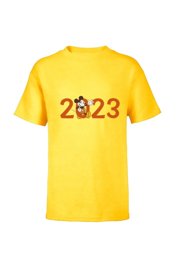 Mickey Mouse Waving 2023 100th Anniversary New Year - Short Sleeve T-Shirt for Kids - Customized-Yellow