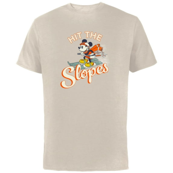 Disney Mickey Mouse Winter Sports Skiing Ski Hit the Slopes - Short Sleeve Cotton T-Shirt for Adults - Customized-Natural