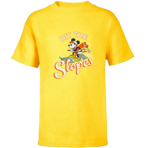 Disney Mickey Mouse Winter Sports Skiing Ski Hit the Slopes - Short Sleeve T-Shirt for Kids - Customized-Yellow