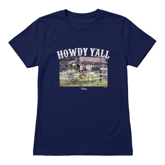 Disney Mickey Mouse Women's Howdy Yall Fence Post Photo Groupshot T-Shirt (Iris Navy, S-XXL)