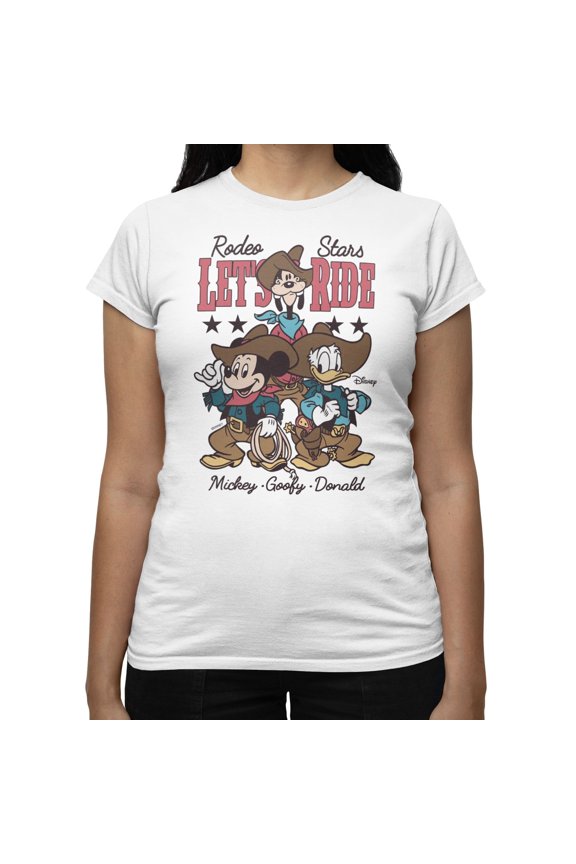 Mickey Mouse Women's Rodeo Star Ride Mickey Goofy Donald T-Shirt (Bright White, S-XXL)
