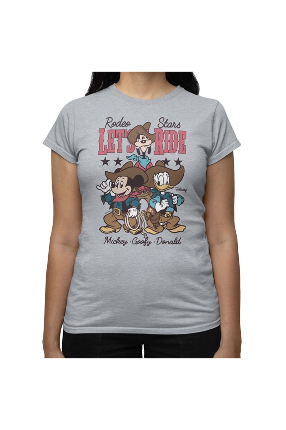 Mickey Mouse Women's Rodeo Star Ride Mickey Goofy Donald T-Shirt (Sport Grey, S-XXL)