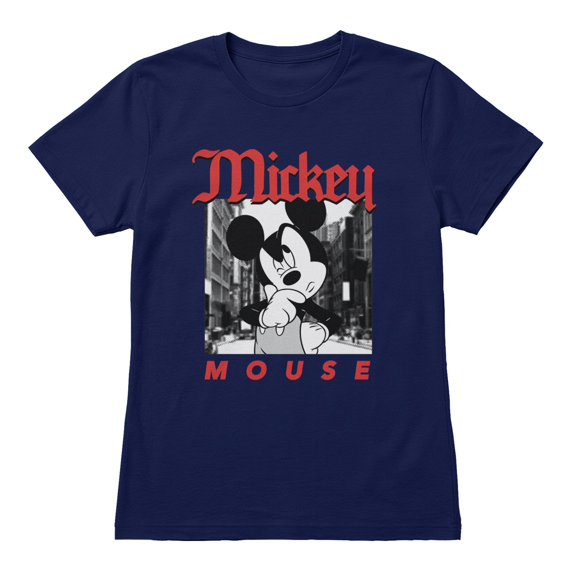 Disney Mickey Mouse Women's Thinking On The Street Photo T-Shirt (Iris Navy, S-XXL)