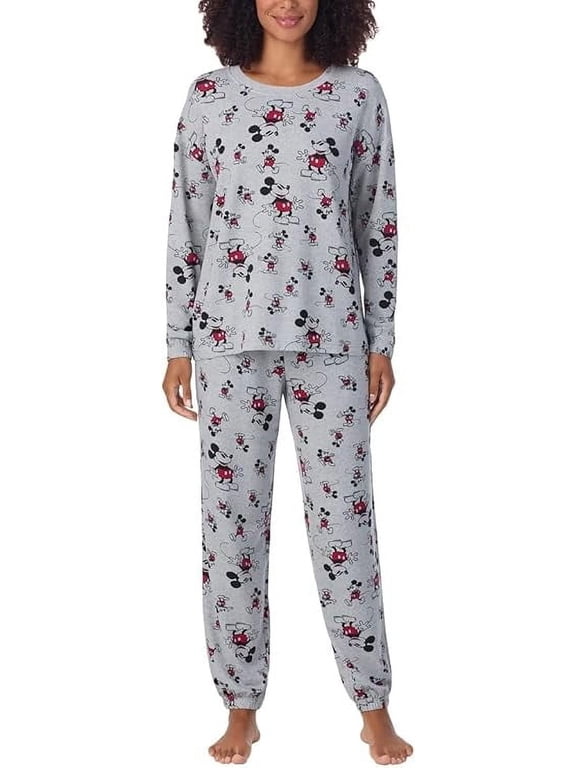 Women's Mickey Mouse 2-Pc Printed Long Sleeve Soft Jersey Pajama Lounge Set (Gray, S)