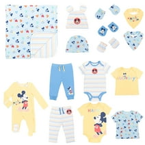 Disney Mickey Mouse Zip Up Coverall Bodysuits T-Shirts Pants Bibs Hats Mitts and Blanket 15 Piece Layette Set Newborn
