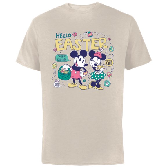 Disney Mickey Mouse and Minnie Mouse Hello Easter Retro - Short Sleeve Cotton T-Shirt for Adults - Customized-Natural
