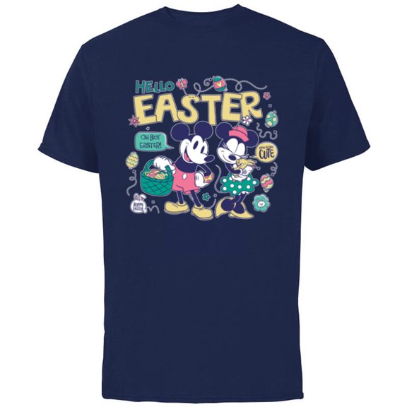 Disney Mickey Mouse and Minnie Mouse Hello Easter Retro - Short Sleeve Cotton T-Shirt for Adults - Customized-Navy