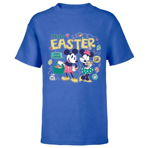 Disney Mickey Mouse and Minnie Mouse Hello Easter Retro - Short Sleeve T-Shirt for Kids - Customized-Royal